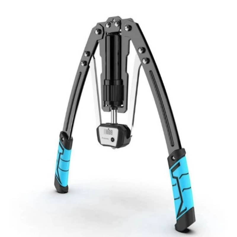 Black and blue adjustable tripod stand on a white background