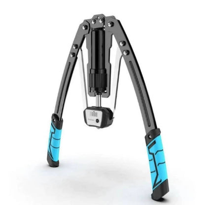 Black and blue adjustable tripod stand on a white background