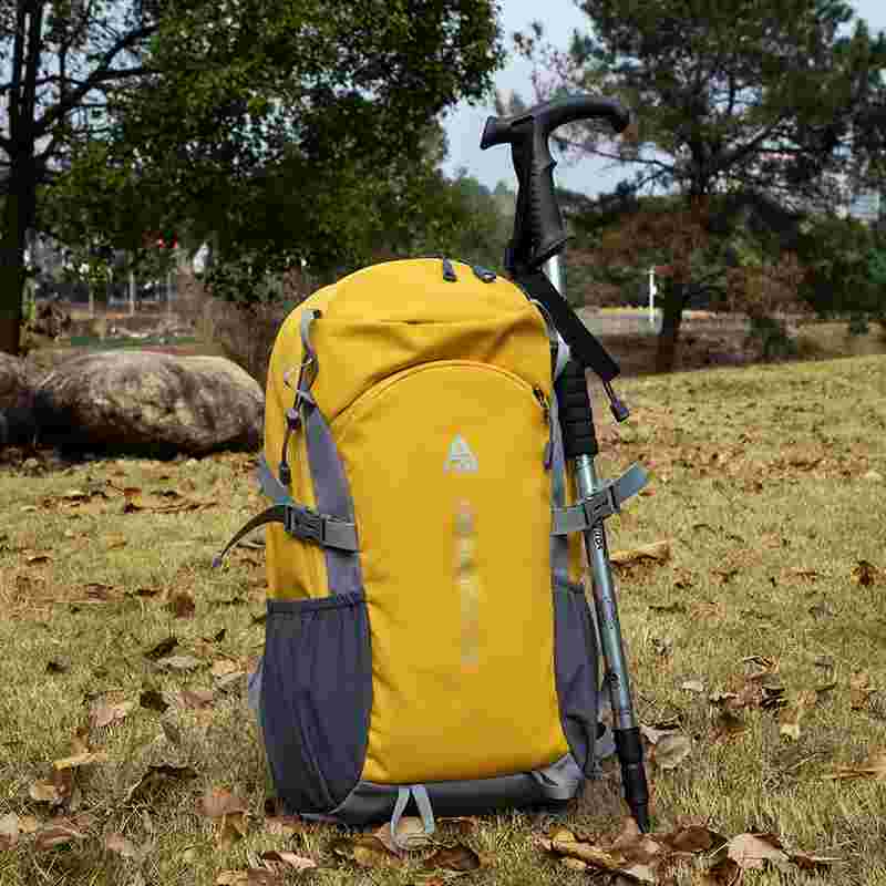 Yellow backpack with a hiking pole on grassy ground with trees in the background