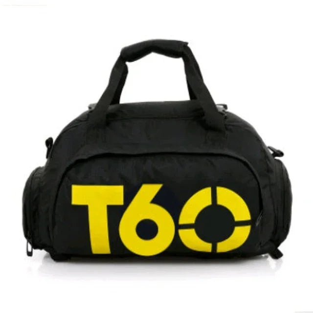 Black gym duffel bag with bold yellow T60 logo, fitness workout gear accessory