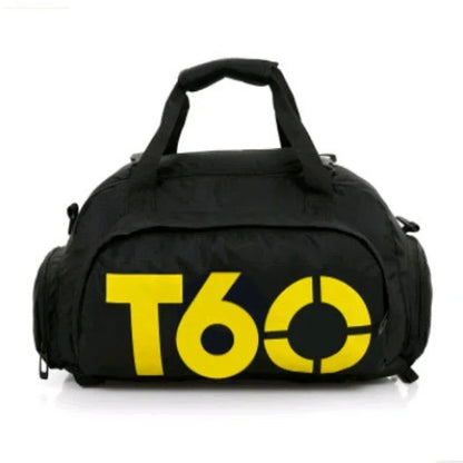 Black gym duffel bag with bold yellow T60 logo, fitness workout gear accessory
