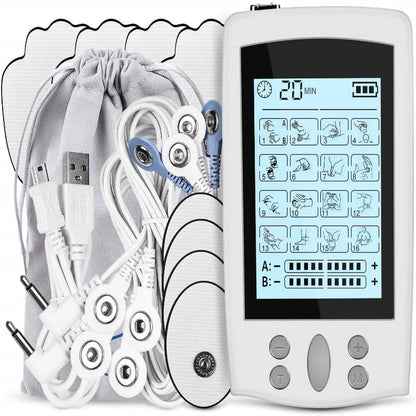 Electrotherapy device with digital display and various attachments on a white background
