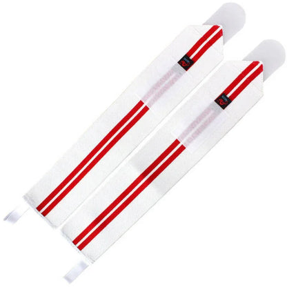 Two white hockey sticks with red stripes on a white background