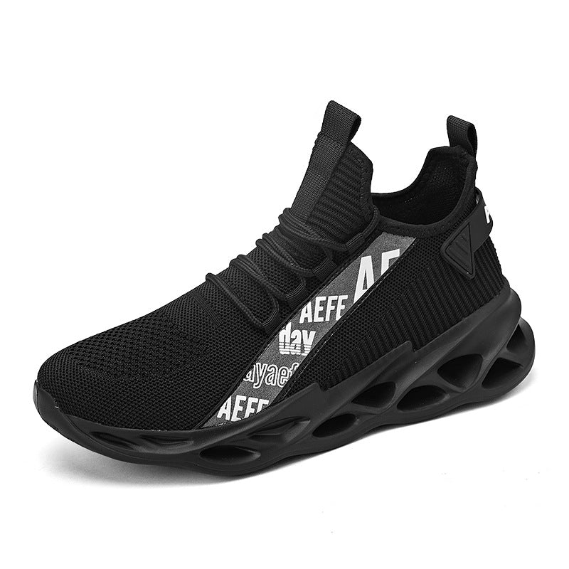 Black athletic shoe with unique sole design on a white background
