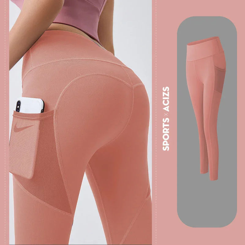Pink leggings with pockets on a light gray background, featuring the brand 'Sports Acids'.