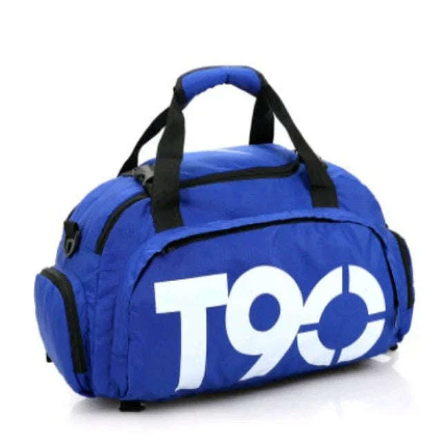 Blue gym duffel bag with T90 logo, black straps, side pockets, fitness accessory