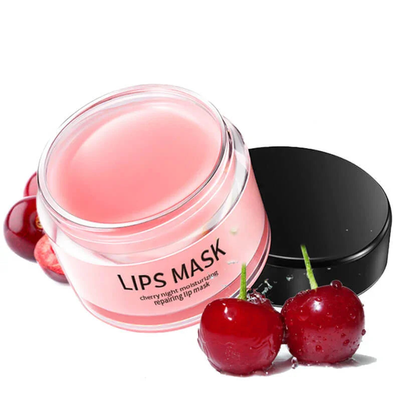 Cherry flavored moisturizing lip mask in jar with fresh cherries, hydrating skincare product