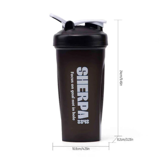 Black shaker bottle with 'Sherpa' branding and measurements on a white background