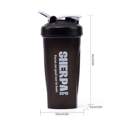 Black shaker bottle with 'Sherpa' branding and measurements on a white background