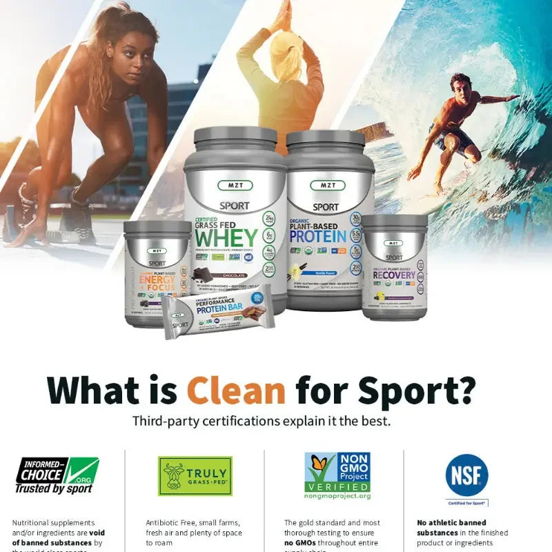 Assorted sports nutrition supplements including whey protein, protein bars, and recovery formulas, set against active fitness and outdoor backgrounds with athletes and certification logos.