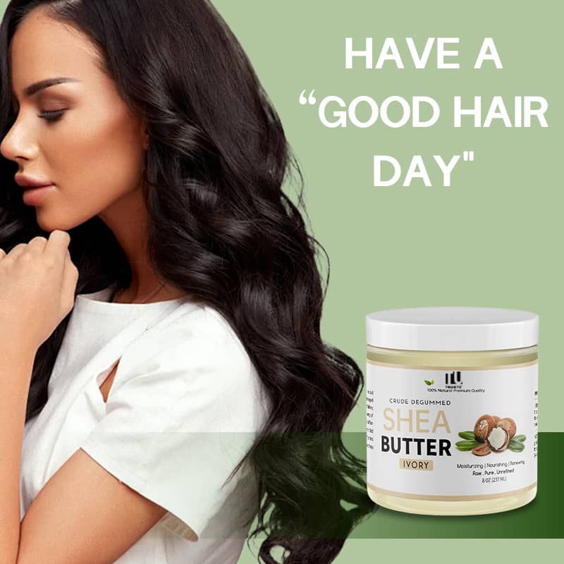 Woman with long, wavy hair next to a jar of Ivory Shea Butter on a green background with text 'Have a Good Hair Day'.