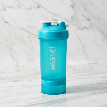 A translucent teal blue shaker bottle with a white flip-top lid and the brand name 'HELEMEI' printed vertically on the front, set against a white marble background.