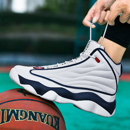 White high-top sneaker with blue accents being worn, on a basketball court.