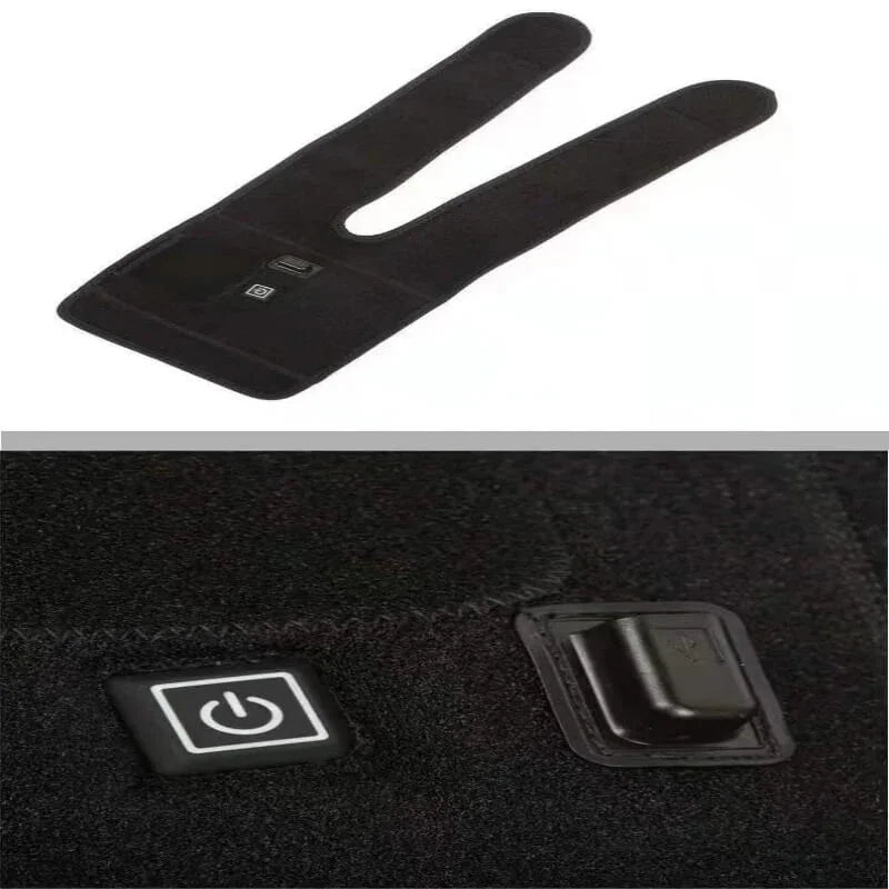 Black adjustable fitness belt with power button and USB charging port, close-up view