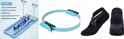 A three-panel product collage showing fitness accessories: on the left, a blue and black resistance band with an included foam roller and handle; in the center, a light blue circular fitness ring with black end caps; on the right, a pair of black grip-soled ankle socks shown front and back. Text on the left panel reads 'Ice blue' and lists features.