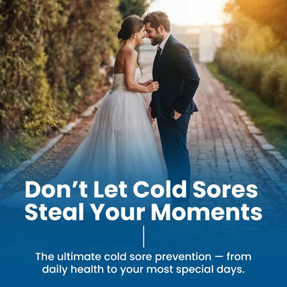 Couple in wedding attire standing on a path with text about cold sore prevention.