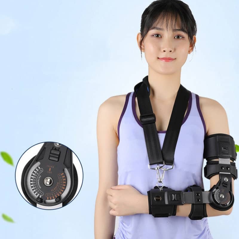 Woman wearing a black arm brace with a blue background