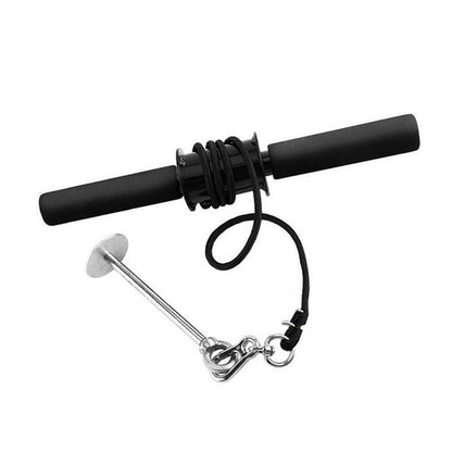 Black metal rod with a coiled rope on a white background