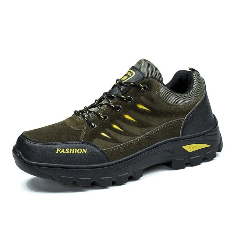Men’s olive green outdoor hiking shoe with rugged black sole and yellow accents