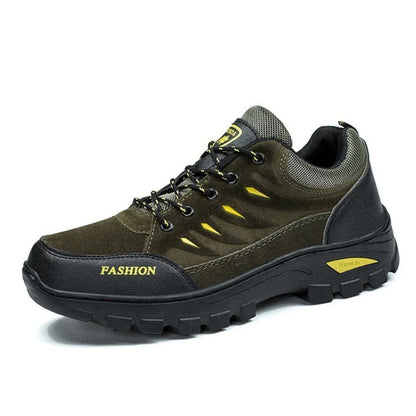 Men’s olive green outdoor hiking shoe with rugged black sole and yellow accents
