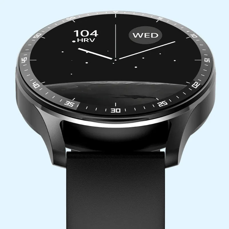 Smartwatch with a black screen displaying time and date on a light blue background
