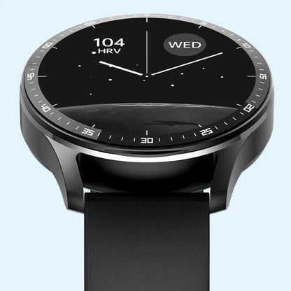 Smartwatch with a black screen displaying time and date on a light blue background