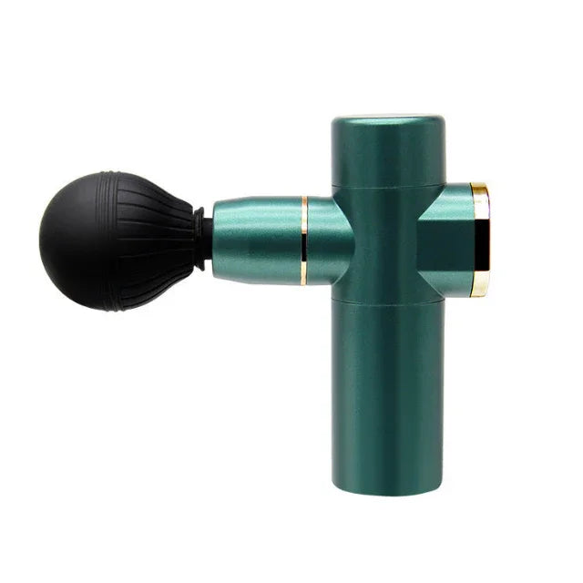 Hi Fitness green handheld massage gun with black round attachment for muscle recovery
