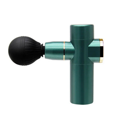Hi Fitness green handheld massage gun with black round attachment for muscle recovery