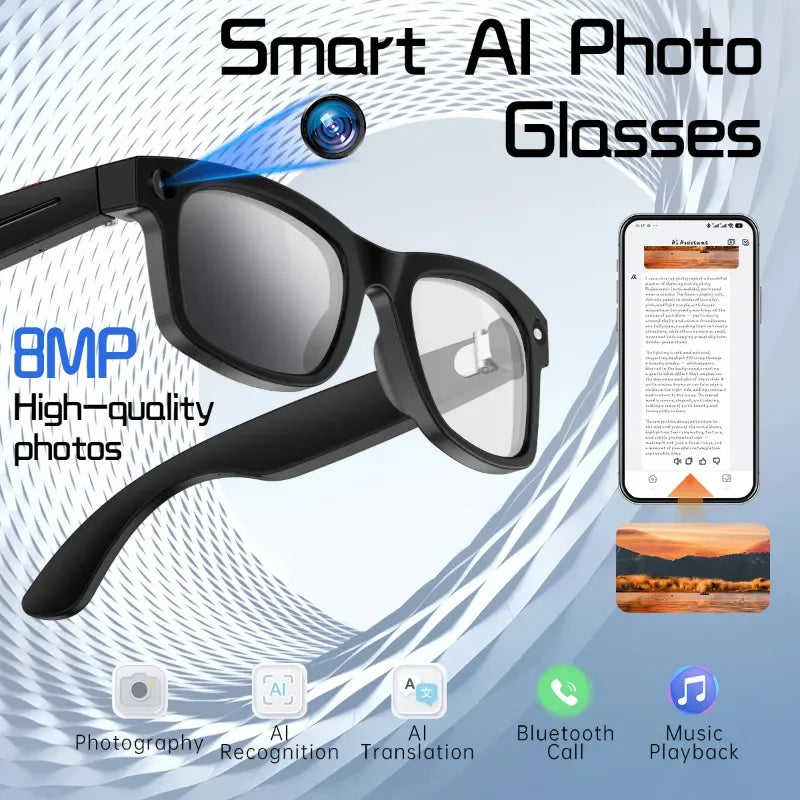 Black smart AI photo glasses with a built-in camera lens, shown on a blue and white graphic background with text highlighting 8MP high-quality photos, smartphone app integration.