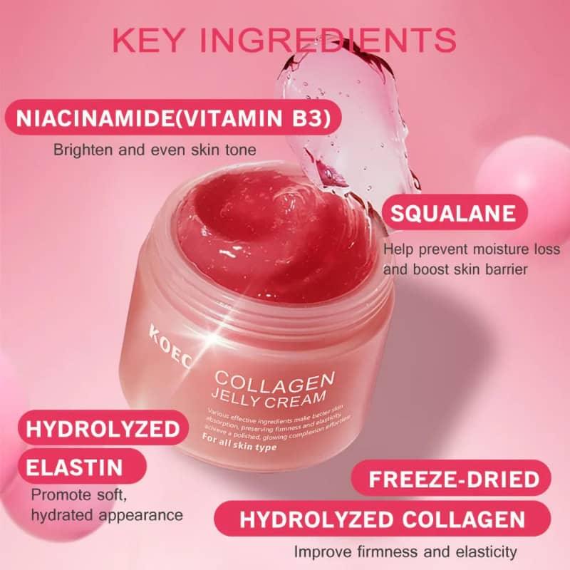 Collagen jelly cream jar with pink gel, key skincare ingredients highlighted: niacinamide, squalane, hydrolyzed elastin, freeze-dried collagen.