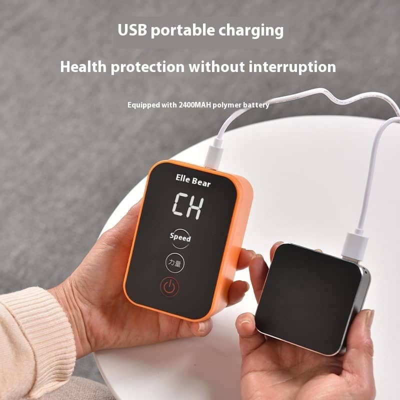 USB portable charging device with digital display held by a person, on a neutral background.