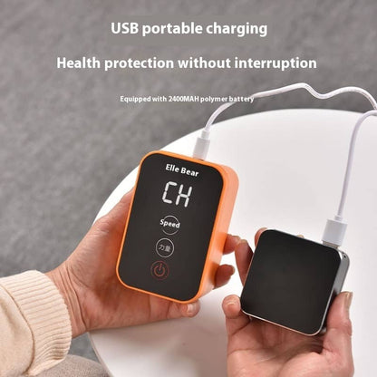 USB portable charging device with digital display held by a person, on a neutral background.