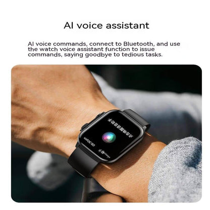 Smartwatch with AI voice assistant feature on wrist, black band, fitness tech accessory