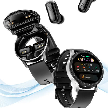 Smartwatch with a black band and a black case, displaying a colorful screen on a white background.