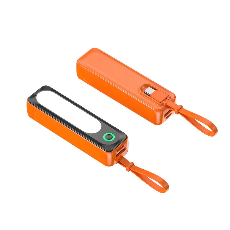 Orange portable power bank and flashlight combo with USB port and carrying strap