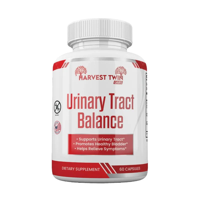 A white plastic bottle of Harvest Twin Labs Urinary Tract Balance dietary supplement with a white cap, featuring a white label with red text and graphics.