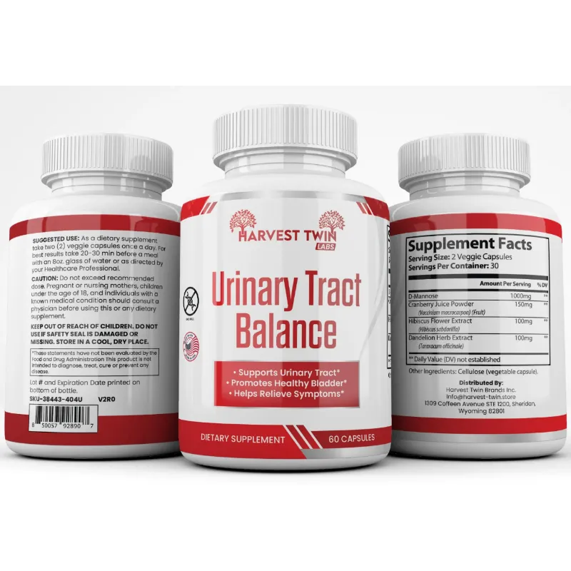 Three white supplement bottles for Harvest Twin Urinary Tract Balance shown on a light gray background, with the center bottle facing forward and the side bottles showing the back and front supplement facts panels.