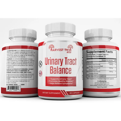 Three white supplement bottles for Harvest Twin Urinary Tract Balance shown on a light gray background, with the center bottle facing forward and the side bottles showing the back and front supplement facts panels.