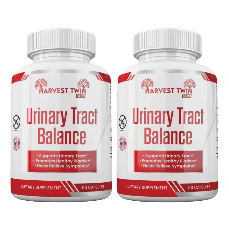 Two white bottles of Harvest Twin Labs Urinary Tract Balance dietary supplement side by side on a white background.