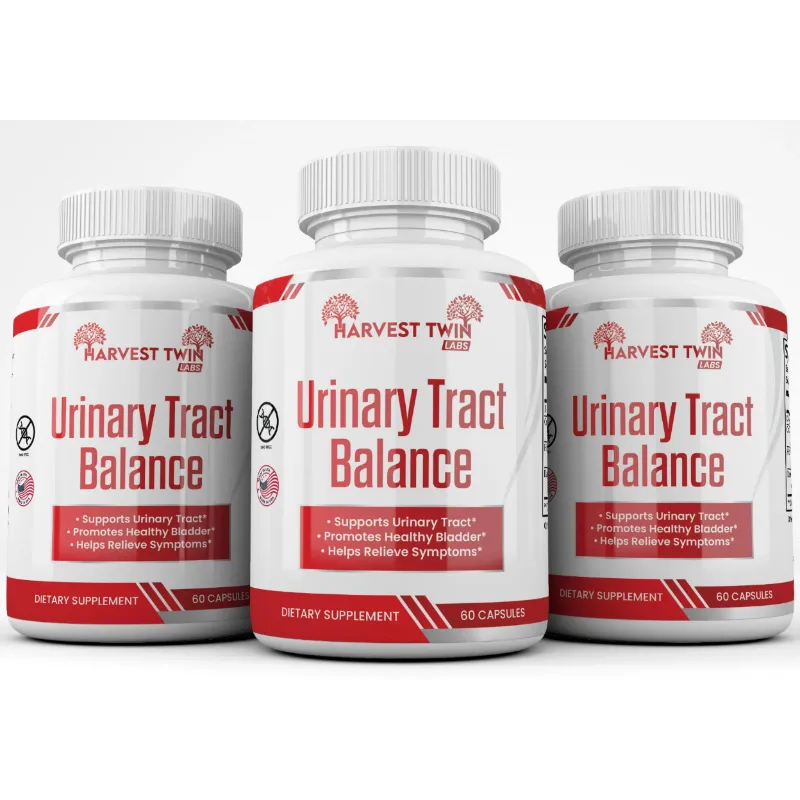 Three white plastic bottles of Harvest Twin Labs Urinary Tract Balance dietary supplement, arranged in a row against a clean white background.