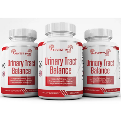 Three white plastic bottles of Harvest Twin Labs Urinary Tract Balance dietary supplement, arranged in a row against a clean white background.
