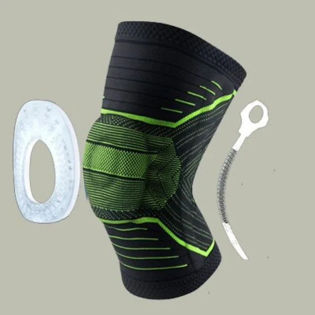 Compression knee sleeve with green accents, gel pad, and spring support insert for joint support