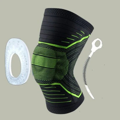 Compression knee sleeve with green accents, gel pad, and spring support insert for joint support