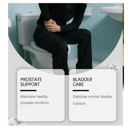 A lifestyle graphic showing a person sitting on a toilet in a bathroom, wearing a black long-sleeve top and black pants. Two white text boxes at the bottom read 'PROSTATE SUPPORT' and 'BLADDER CARE' with supporting claims.