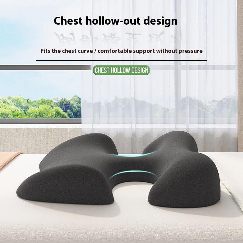 Ergonomic chest support pillow with hollow-out design on bed, fitness accessory for comfort
