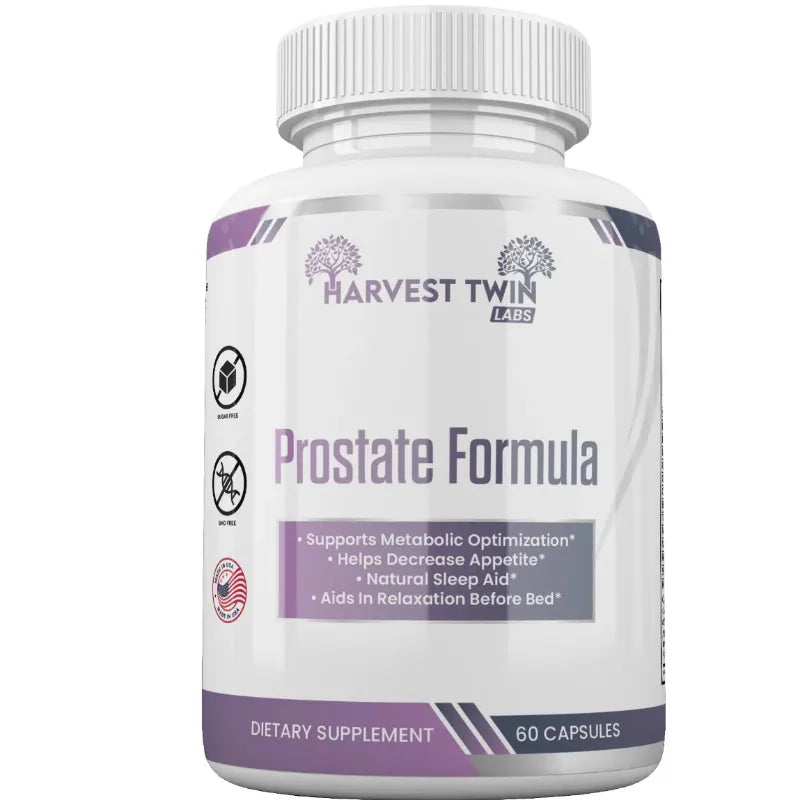 A white plastic bottle of Harvest Twin Labs Prostate Formula dietary supplement with a white ribbed cap, featuring a white label with purple text and accents.