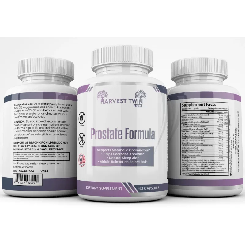 Three supplement bottles for Harvest Twin Labs Prostate Formula, showing the front label and the back supplement facts and instructions on a clean white background.