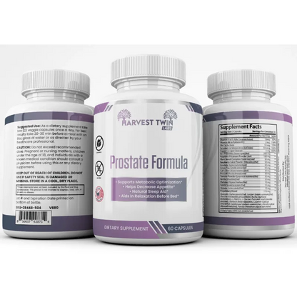 Three supplement bottles for Harvest Twin Labs Prostate Formula, showing the front label and the back supplement facts and instructions on a clean white background.