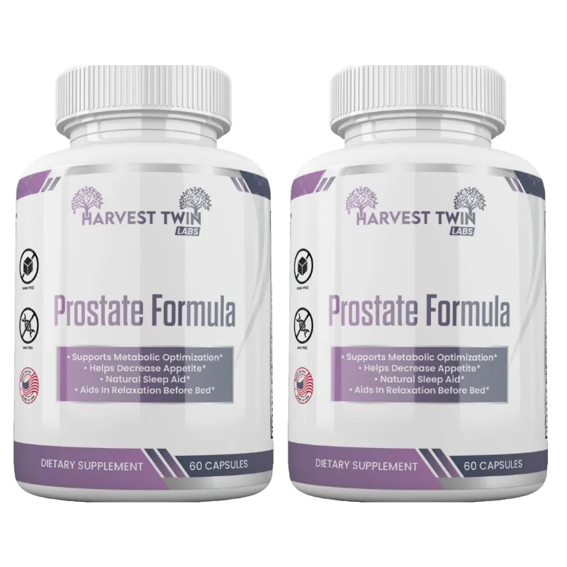 Two white plastic bottles of Harvest Twin Labs Prostate Formula dietary supplement, side by side on a plain white background.