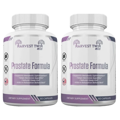 Two white plastic bottles of Harvest Twin Labs Prostate Formula dietary supplement, side by side on a plain white background.
